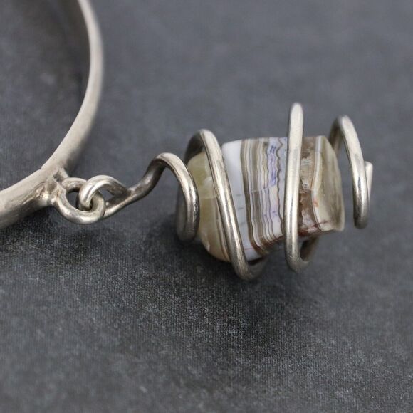 Vintage Sterling Silver 925 Purple Amethyst Agate Dangle Crystal Bangle 8.5" - Picture 6 of 12